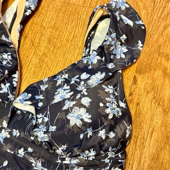 A Pea in the Pod Maternity Blue Floral Ruffle One-Piece Swimsuit Size Medium - Picture 3 of 12